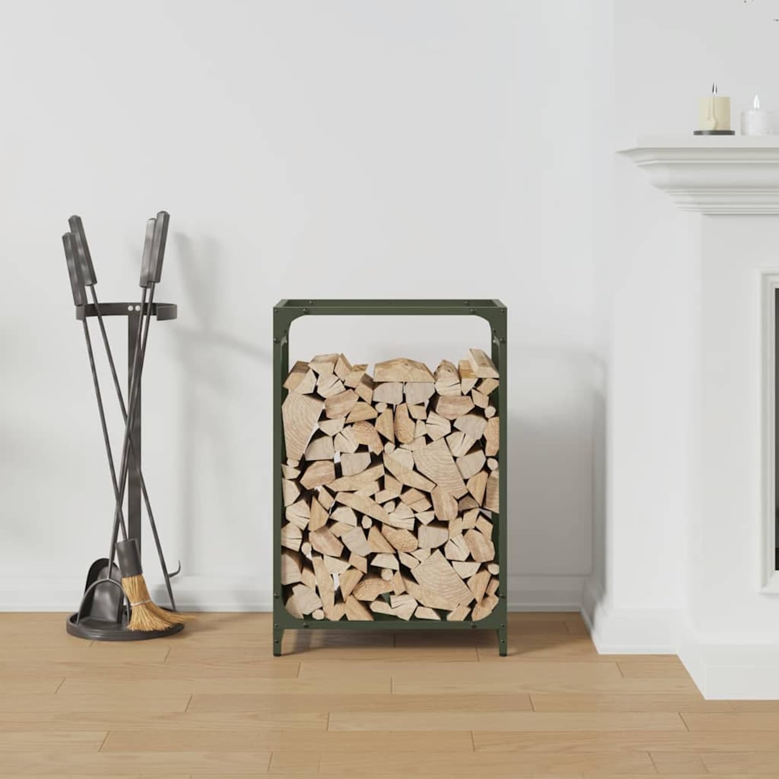 Brennholzregal aus kaltgewalztem Stahl, olivgrün – robustes Kaminholzhalter (44x28x65 cm, 60 kg Tragkraft) für trockenes, ordentliches Holzlagerung im Wohnzimmer, am Kamin oder im Gartenhaus