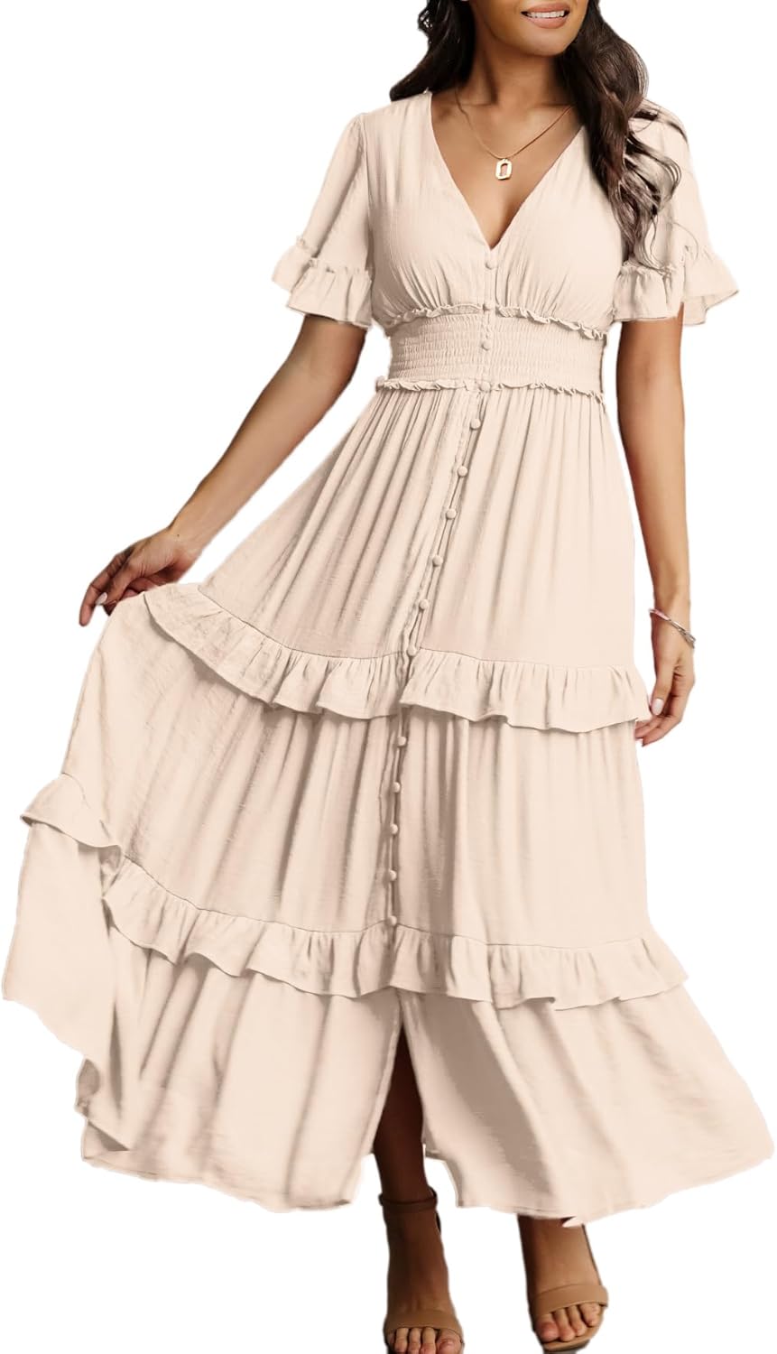 Amegoya Women's V Neck Long Sleeve Boho Maxi Dress Summer Wedding Guest Long Flowy Engagement Dresses