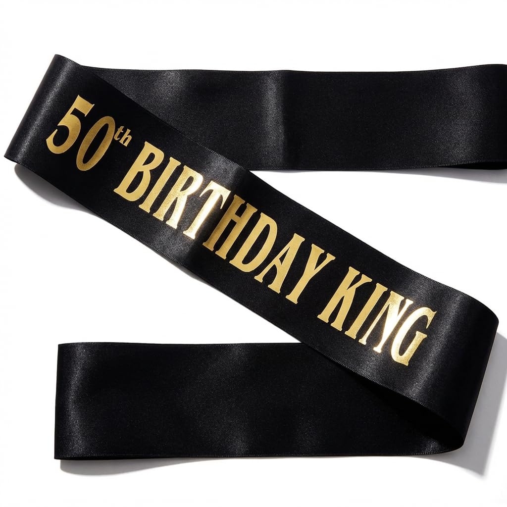 RETWOT 50th Birthday Sash for Men - Elegant Adjustable Satin Sash for Adult Birthday Party Decorations - Gold Printed