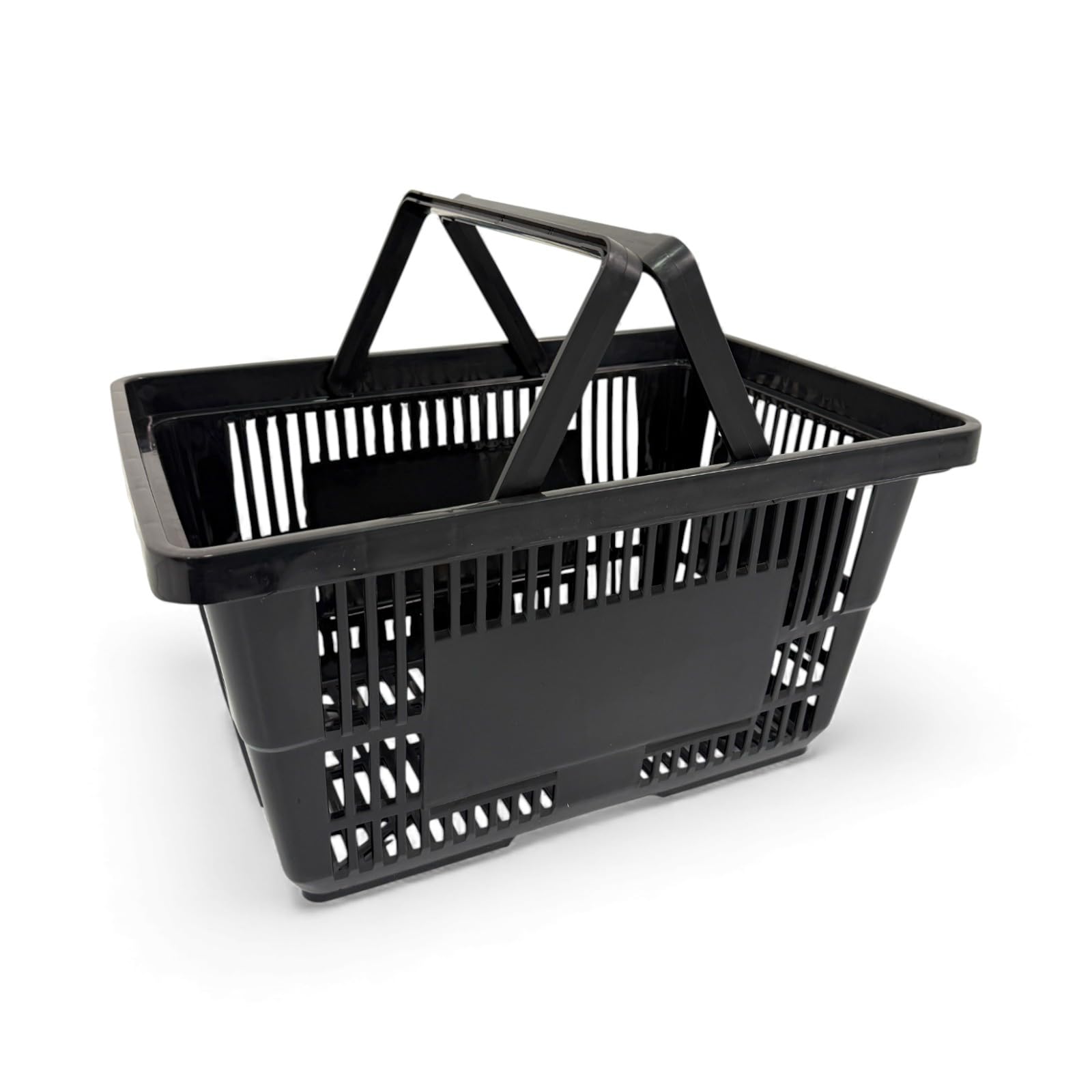 3x Black 22 Litre Plastic Shopping Basket with Handles Heavy-Duty HDPE Basket for Retail, Grocery & Convenience Stores Lightweight, Stackable