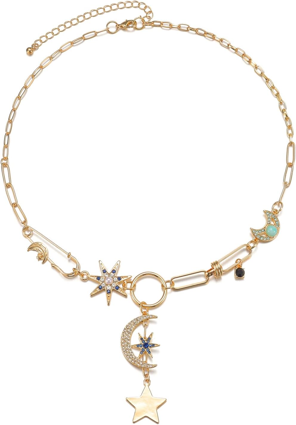 Boho Gold Crescent Moon Star Charm Necklace for Women 18K Gold Plated Safety Pin Rhinestone Charms Paperclip Chain Chunky Necklaces Celestial Jewelry Christmas Gift
