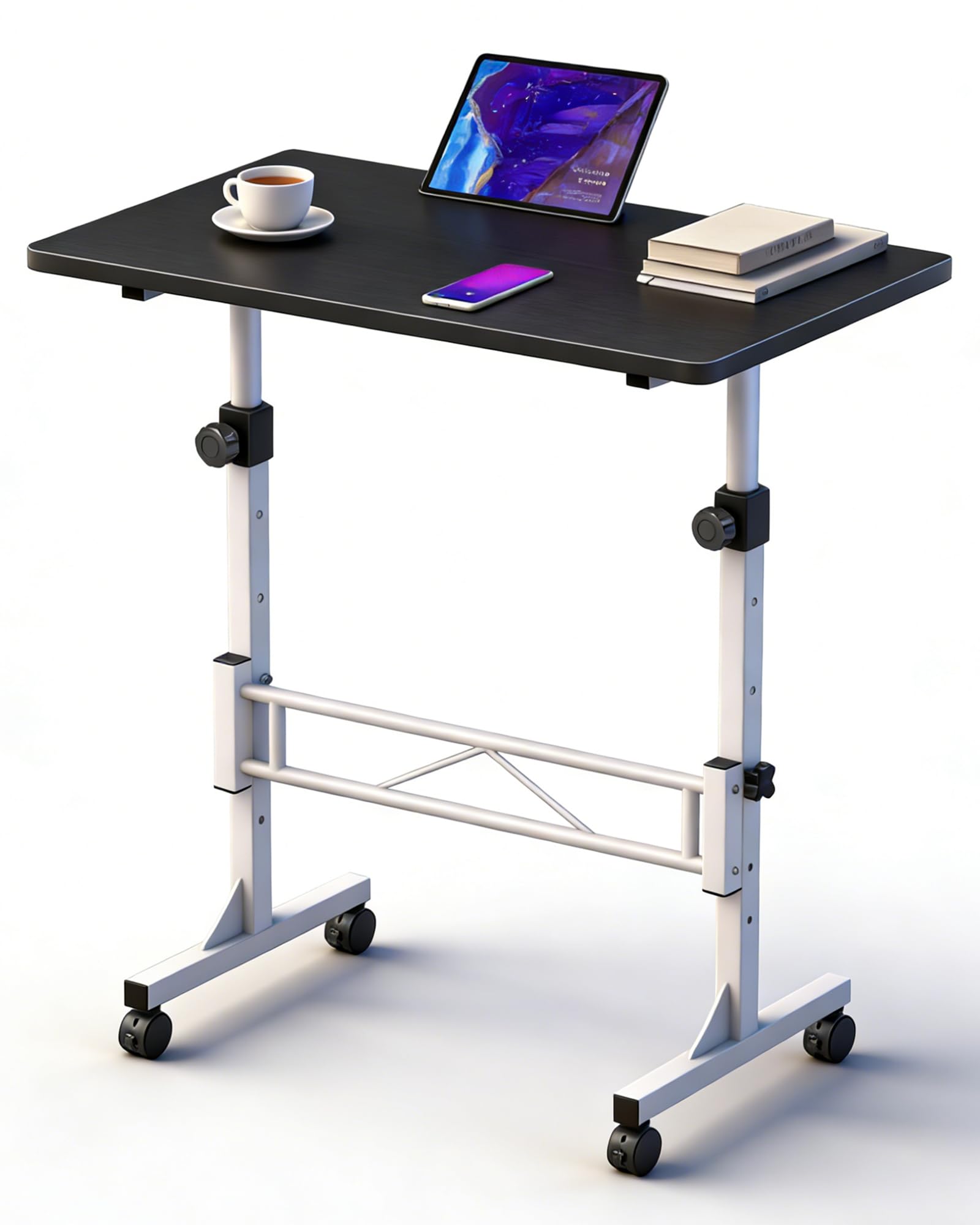 RayLove Bureau réglable en Hauteur avec roulettes, Bureau d'ordinateur Mobile avec 4 roulettes verrouillables, Bureau Assis-Debout Noir et Blanc, Compatible avec Tapis de Course et Tapis de Marche