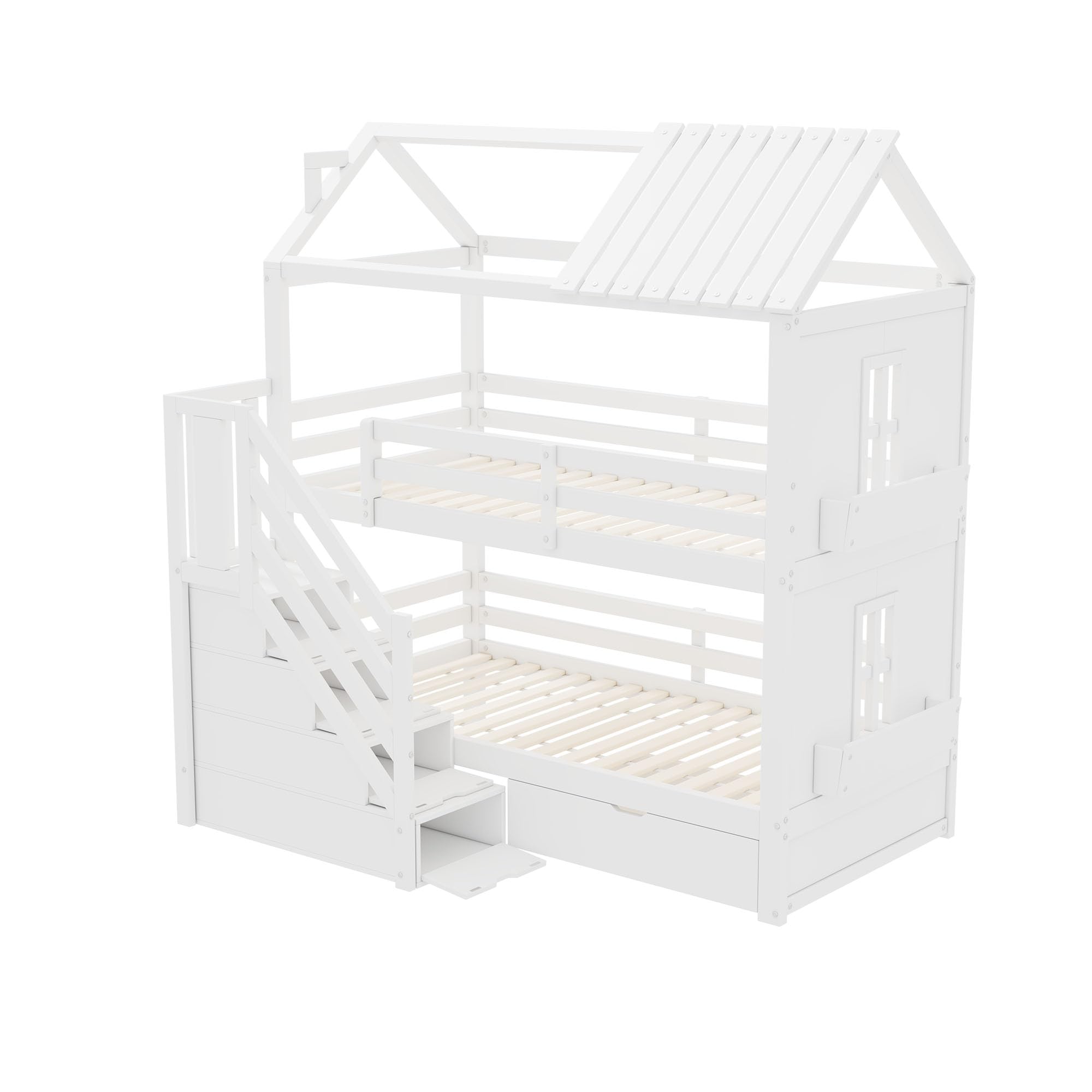 Dolamaní Letto a castello per 2 bambini, 90 x 200 cm, letto per fratelli con scale e cassetti e mensole, extra grande, legno di pino (bianco)