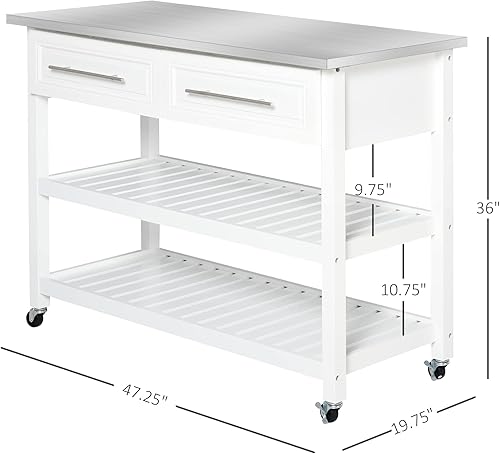 Miniatura 7 de HOMCOM Kitchen Island with Stainless Steel Top, Traditional Kitchen Island with Storage, Butcher Block Cart 2-Tier Open Shelves, Drawers, White