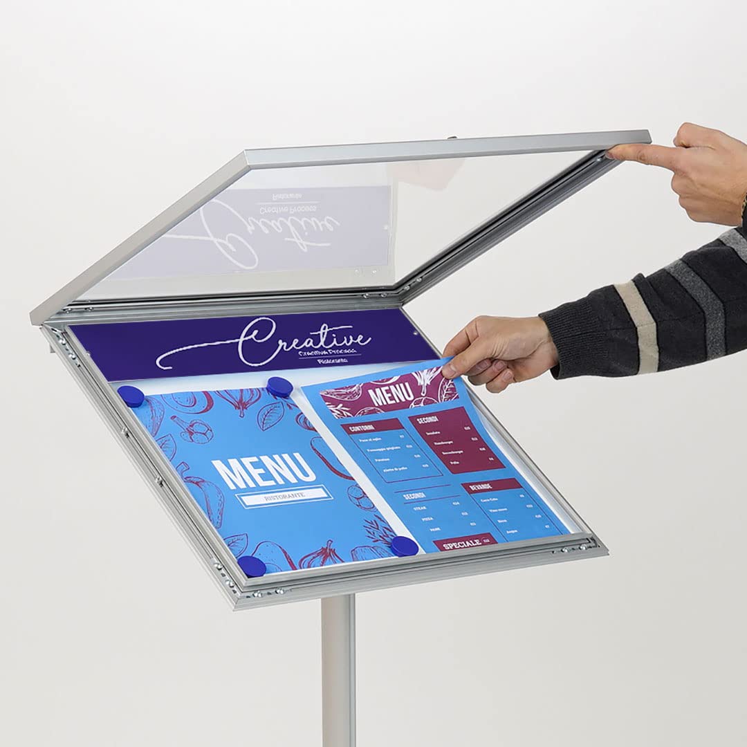 Danieli - Porta Menu da Esterno 2xA4 Luminoso - Bacheca Menu a Leggio - Espositore da Terra Portamenu Magnetico, Scrivibile con Pannello Personalizzabile e Serratura, 2 Chiavi Incluse (2 x A4 LED)