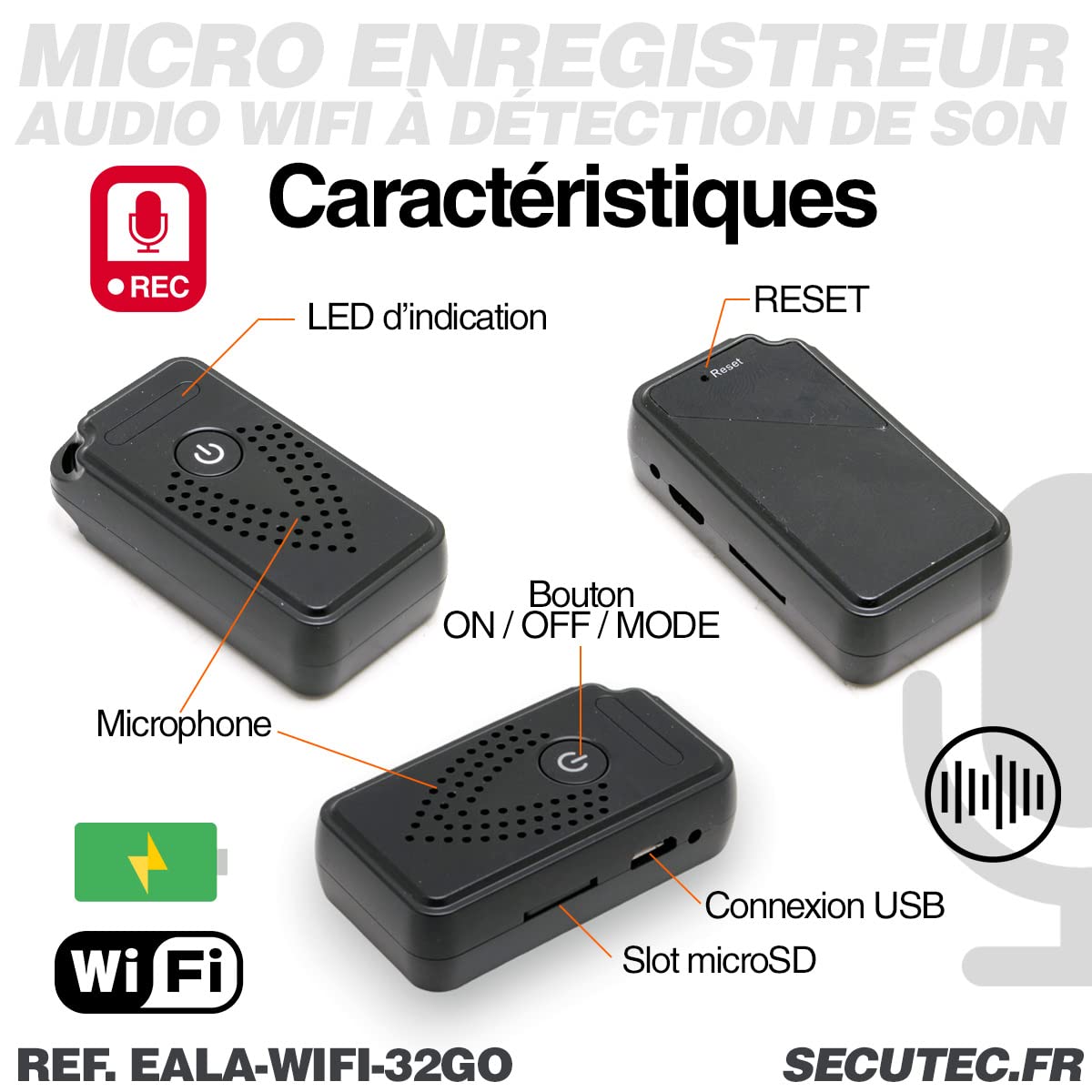 Mini Enregistreur Audio WiFi Autonomie Longue détection de Bruit, écoute à Distance 32 Go