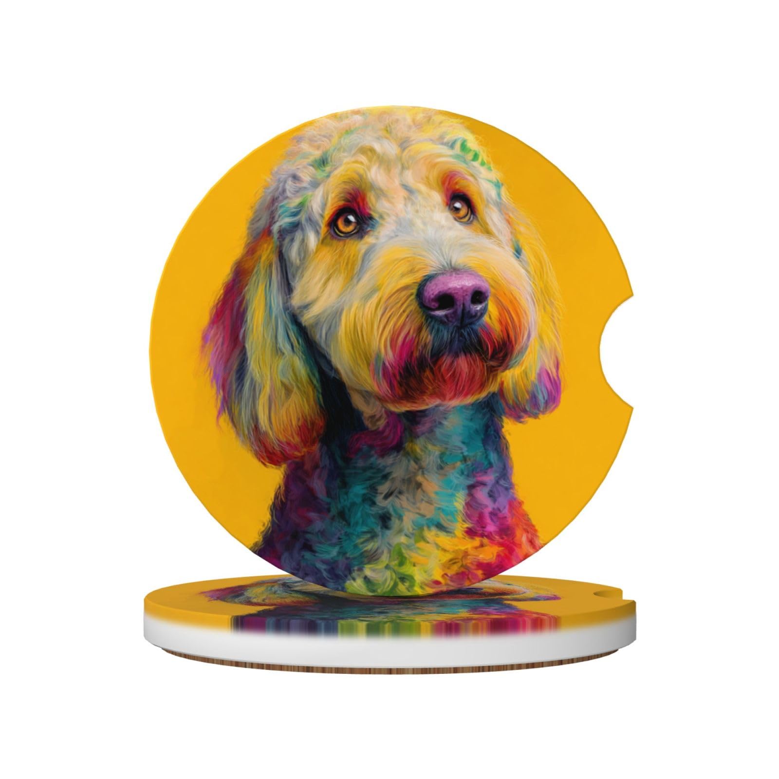 Colorful Golden Doodle Dogs On Yellow Ceramic Coasters,2pcs