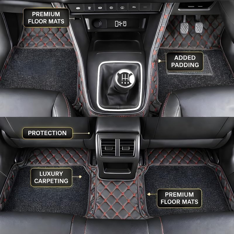 Image of Premium 7D car mat Full Set for Kia Carens 7-Seater (Model : 2022-2025) Luxury Leather Double Car Floor Mat Complete Set || 100% Waterproof and Washable Color : Black-Red (Design-1)
