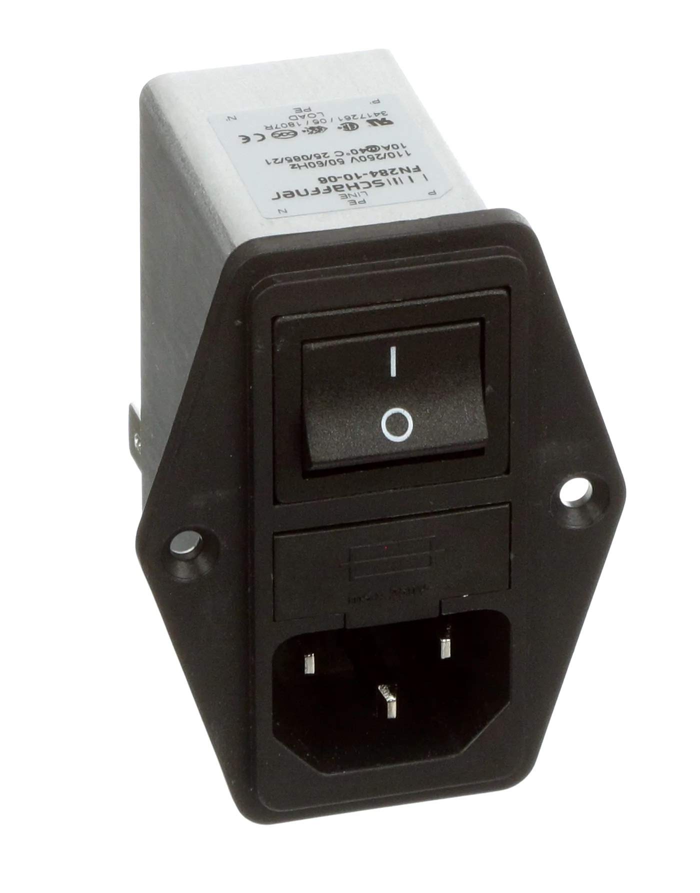 Schaffner, FN284-10-06, IEC Inlet Filter Switch & Dual Fuse 250VAC, 10A, Flange Mounting Left/Right