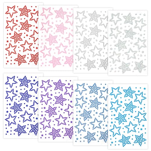 8 Sheets Face Gems Self Adhesive Face Jewels Gem Stickers Hair Gems for Women Festival Stick on Face Rhinestones Sticker Y2K Star Face Stickers for Hair Eye Makeup Nail Body Crafts
