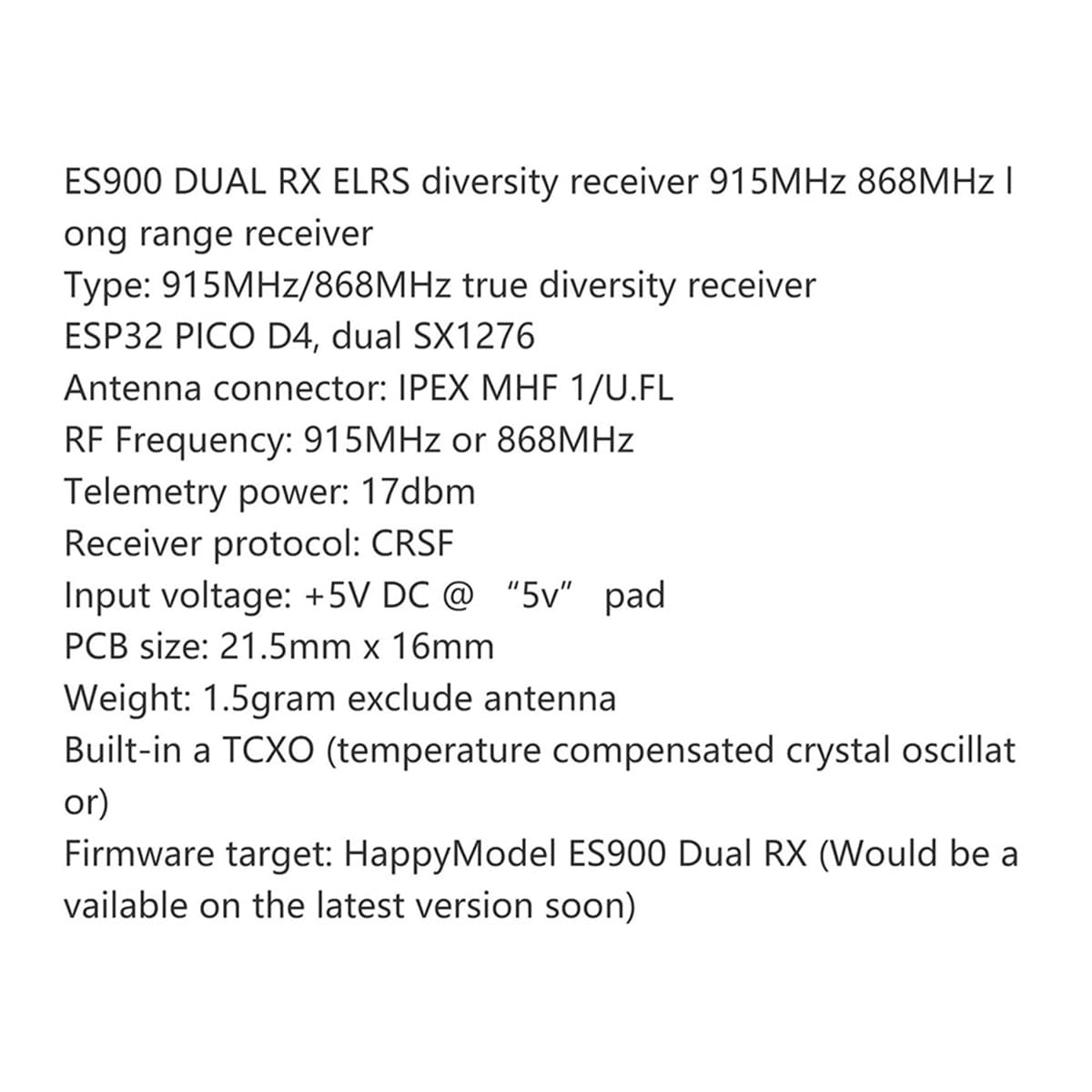 ES900 DUAL RX ELRS odbiornik różnorodności 868 MHz wbudowany TCXO do drona dalekiego zasięgu FPV samolot RC