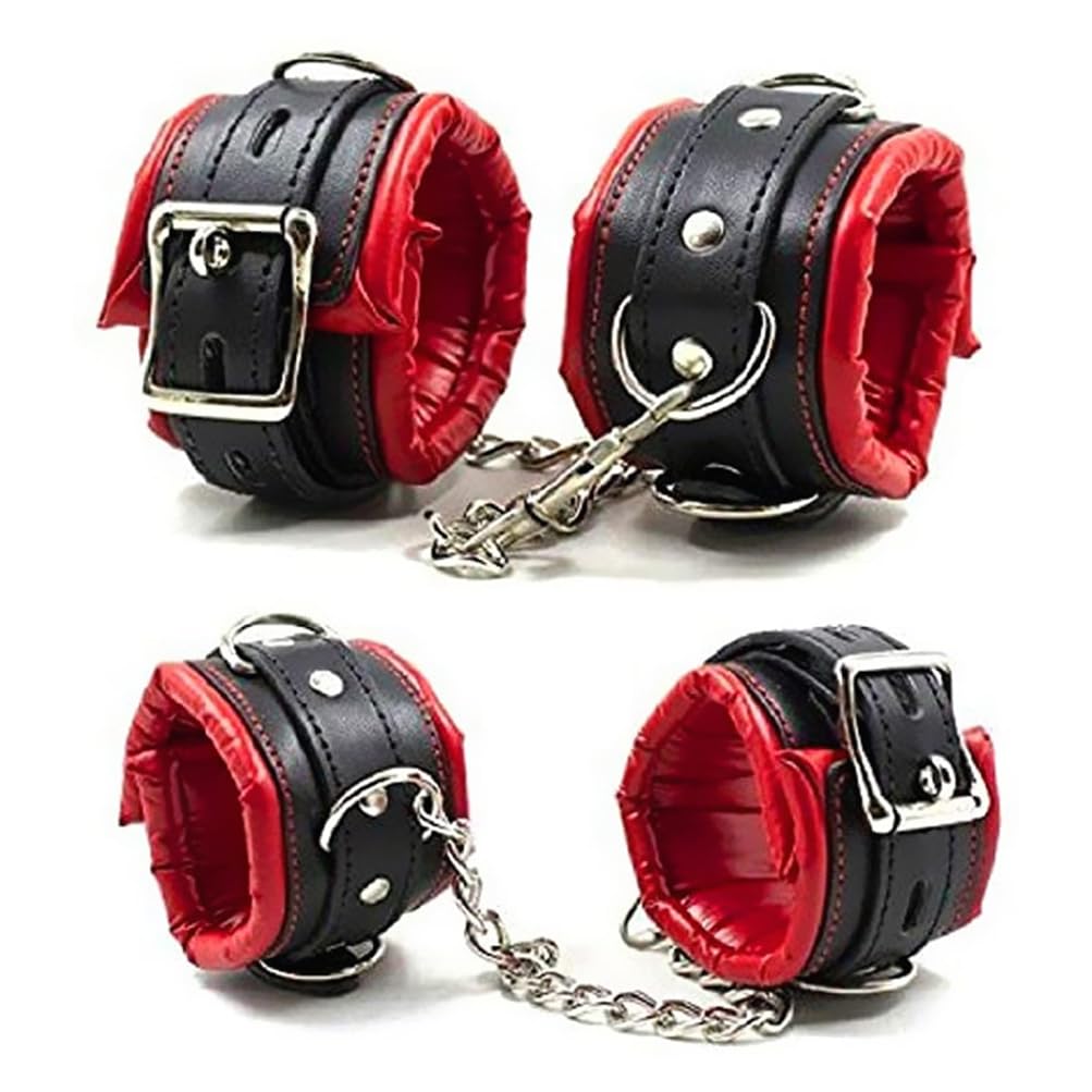 2 paia di manette regolabili in pelle rossa e nera per giochi di spugna