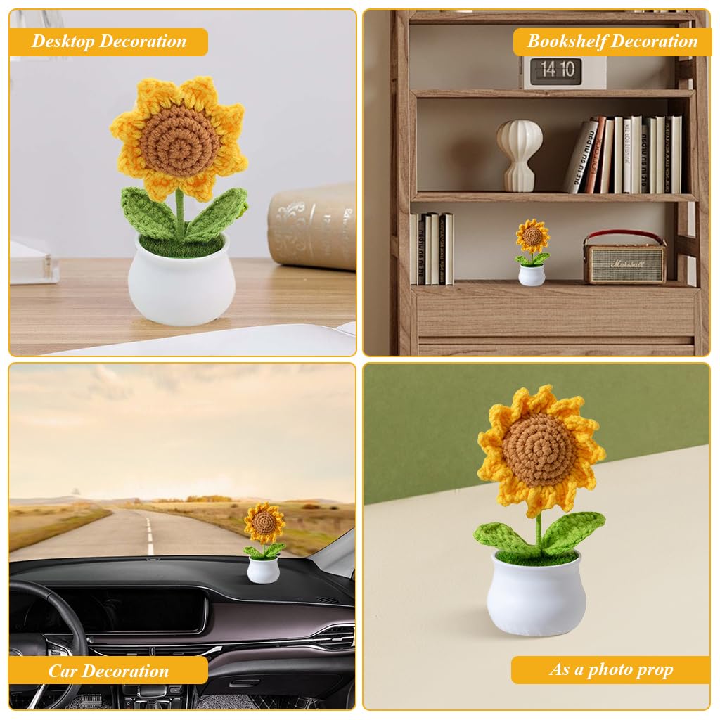 HASTHIP Sunflower Crochet Artificial Pot Small Desk Decor Handmade 8x14cm 4