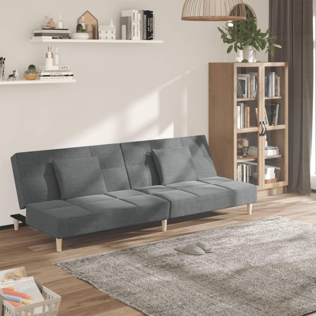 Canapé-lit 2 places avec 2 coussins en tissu gris foncé, lit d'appoint polyvalent pour salon, salon et chambre d'amis, avec espace de rangement, accoudoir, dossier, appui-tête, idéal pour les