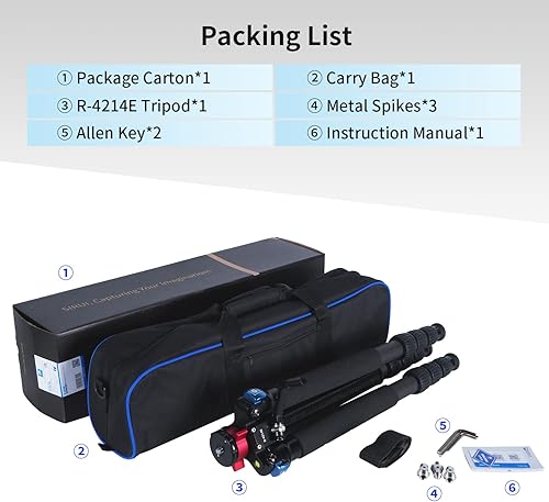 Miniatura 8 de SIRUI R-4214E Trípode de carbono resistente con columna central engranada, trípode profesional de 70 ″ con plataforma de montaje dual para cámaras,