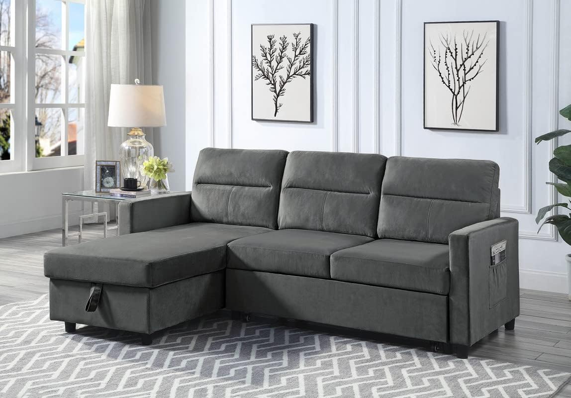 81.5" Velvet Reversible Sleeper Sectional Sofa with Storage Chaise,Wood Frame Pull Out Couch Bed,w/Side Pocket and Armrests,for Dorm,Apartment,Dark Gray