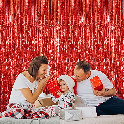 Image of GOER 3.2 ft x 9.8 ft Metallic Tinsel Foil Fringe Curtains for Party Photo Backdrop Wedding Decor (2 Pcs, Red)