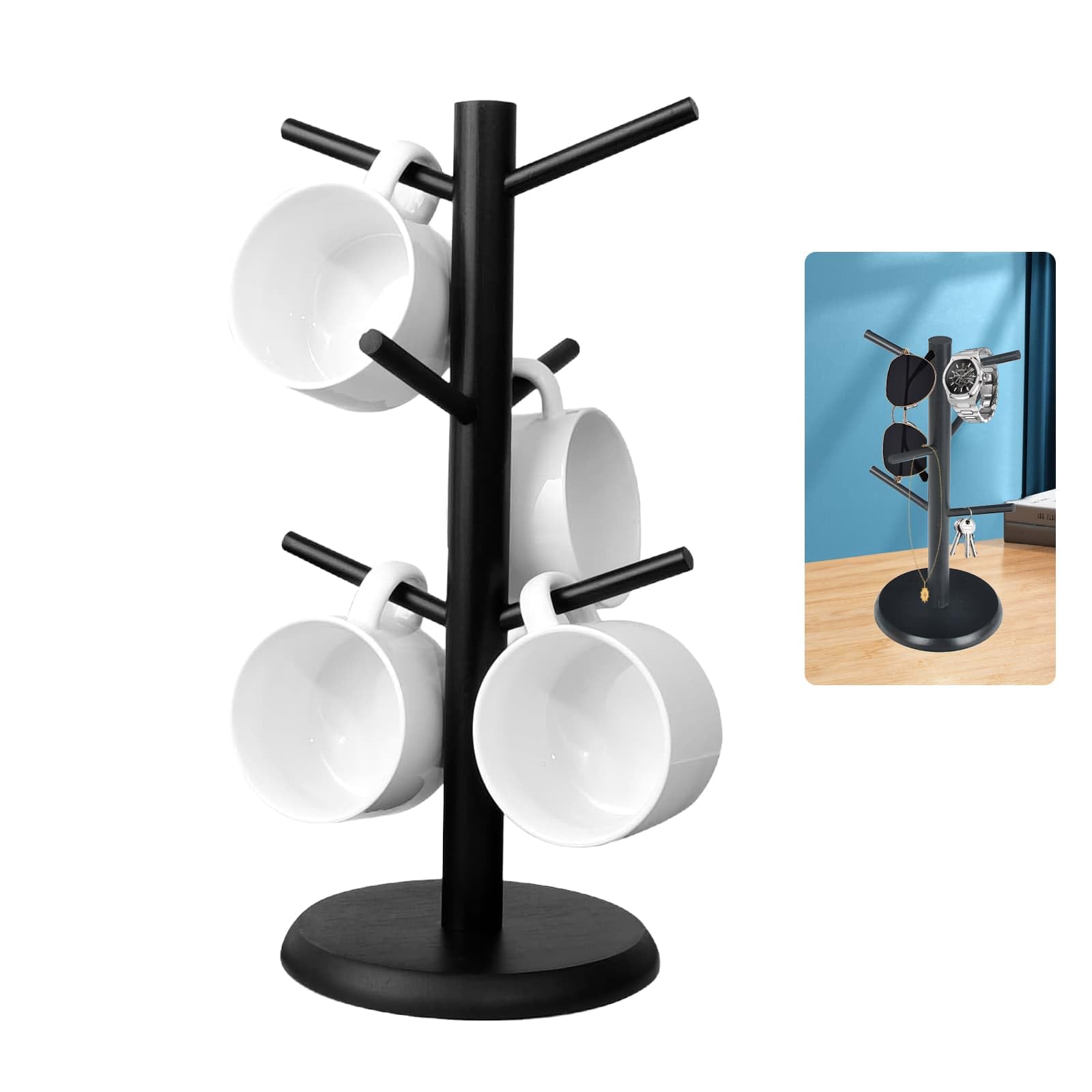 WEELOO Wooden Coffee Cup Holder 6 Hooks, Mug Tree Rack with Thicker Base, Coffee Tea Cup Storage Hanger Holder, Cup Holder for Counter, Kitchen, Space-Saving (Black)