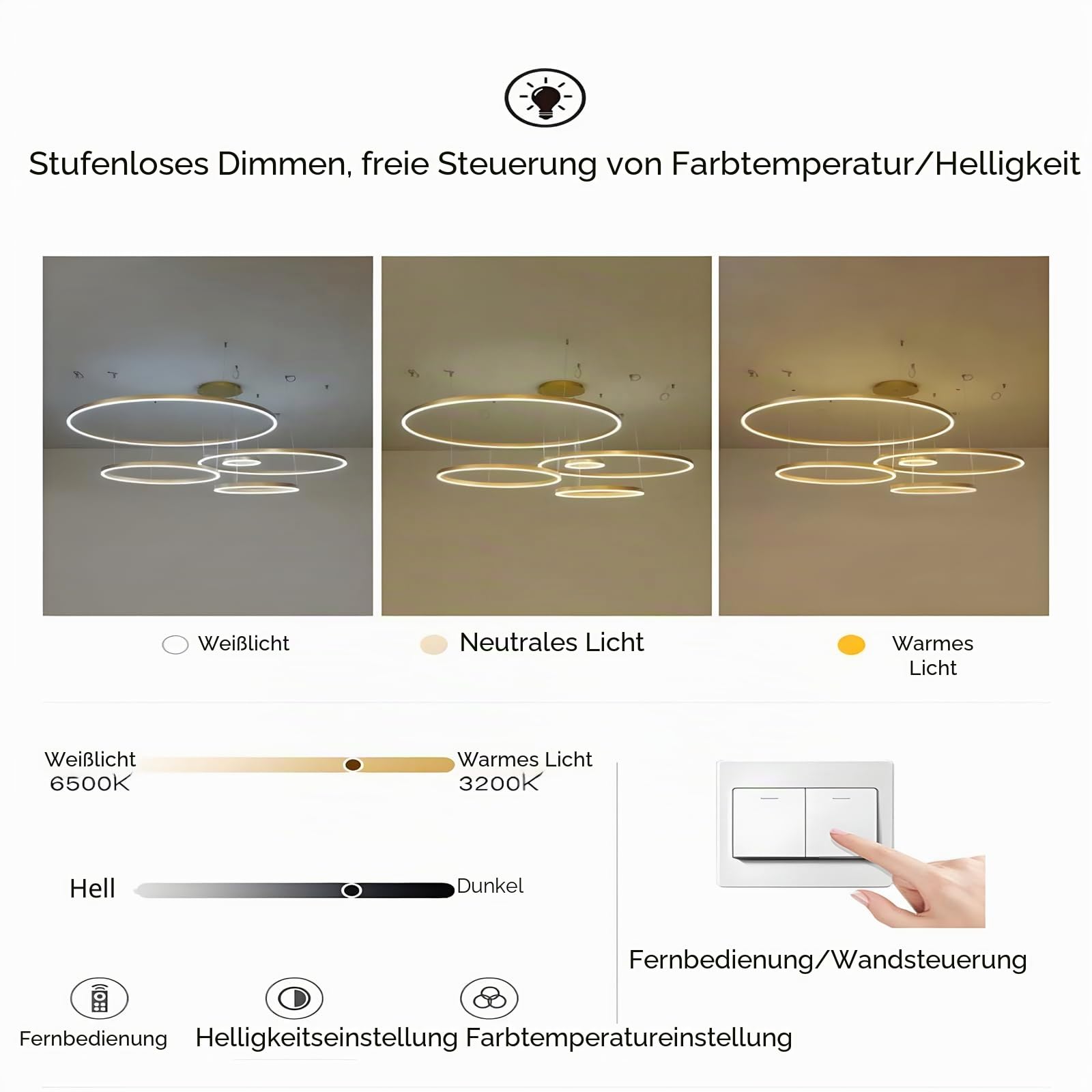 Metall LED Kronleuchter | 5 Kreise 20+40+60+80+100cm | 130W Rings Deckenhängelampe, Dimmbare Fernbedienung 3000–6000K, Acryl Schirm Pendelleuchte, Wohnzimmer Schlafzimmer Esszimmer【Gold】