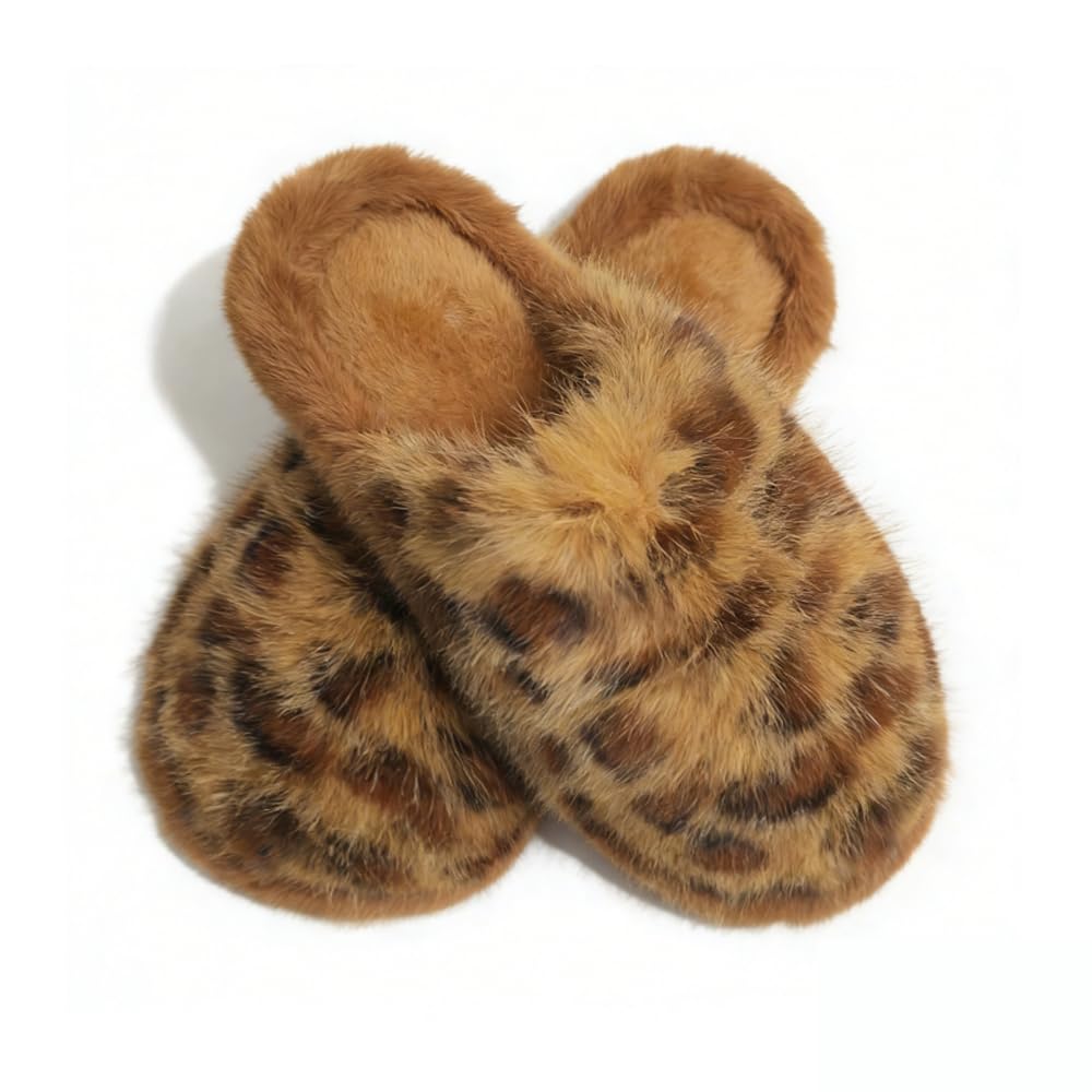 PXPUIQ Women's Faux Fur Leopard Slippers, Plush Cheetah Print House Shoes with Non-Slip Sole, Lightweight Indoor Outdoor Winter Slippers for Women