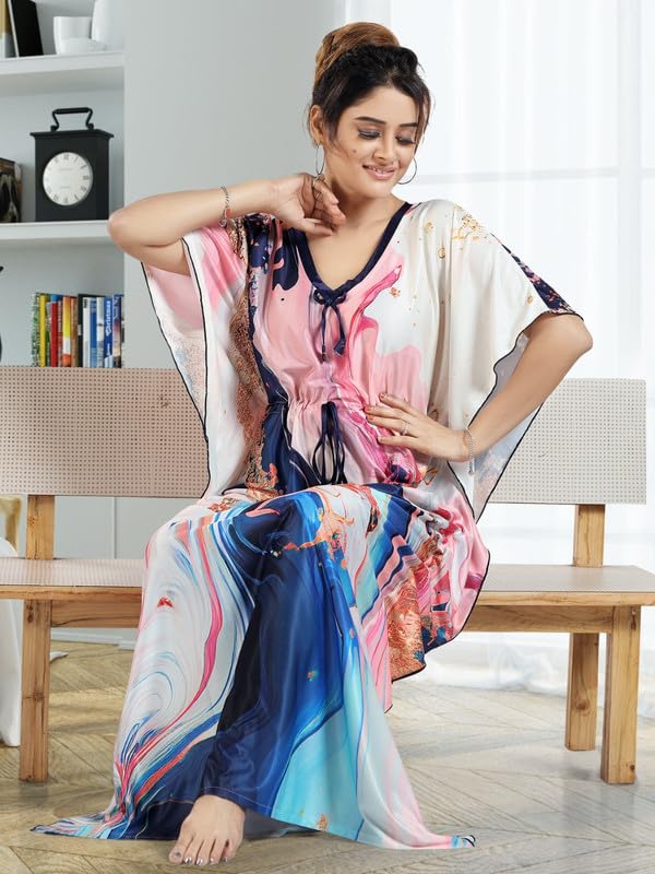 Image of Women's- Kaftan /Nighty /Maxi /Gown /Nightdress /Nightwear Serena Fabric- V-Neck Floral Print