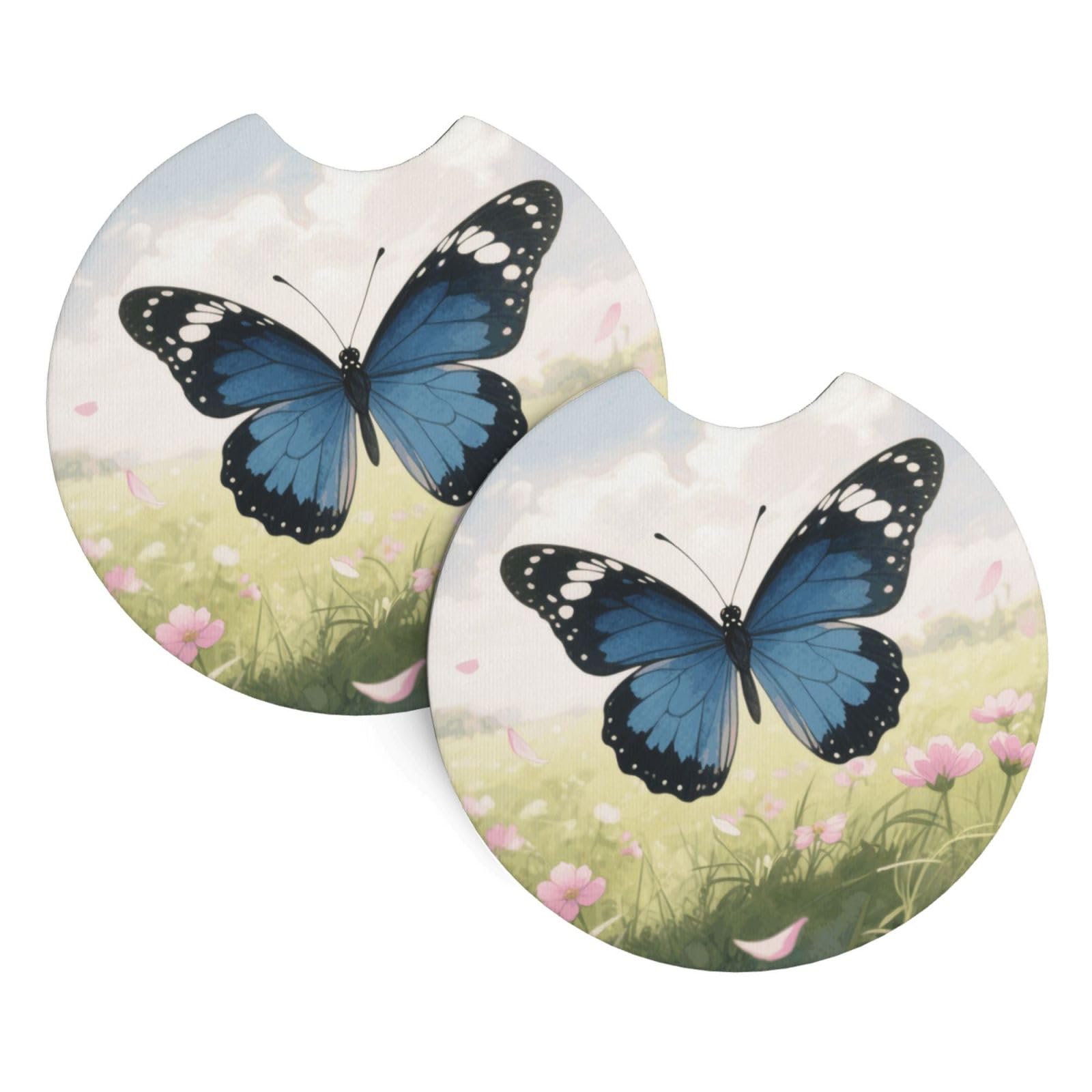 2 Pack Car Coaster for Cup Holders Blue Butterfly Car Cup Coaster 2.7" Neoprene Non-Slip Automotive Cup Mat Universal Auto Car Interior Accessories for Women Men Cup Pad