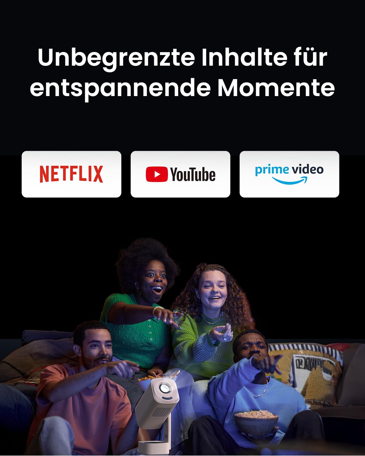 Yaber Mini Beamer【Turbo Sonic Bass & HDR 10】 T1 Pro Smart Beamer Heimkino Native 1080P, Bluetooth 5.4 und WiFi 6, Dolby Audio, Autofokus, Trapezkorrektur, 180° Drehbar Tragbarer Projektor