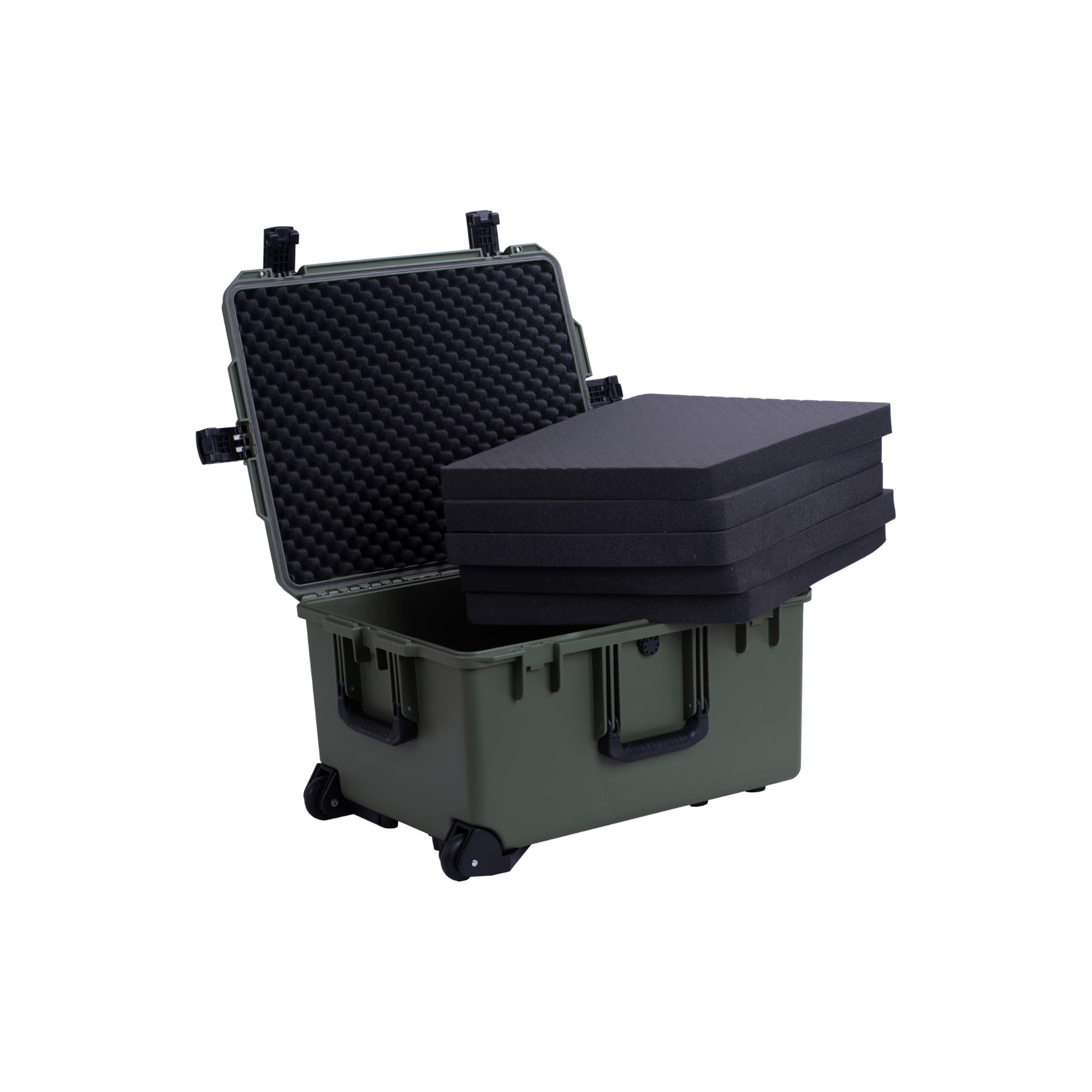 MEIJIA Custodia rigida portatile per tutte le condizioni atmosferiche, impermeabile, con schiuma personalizzabile e ruote, 62,5 x 50 x 36,6 cm (verde)