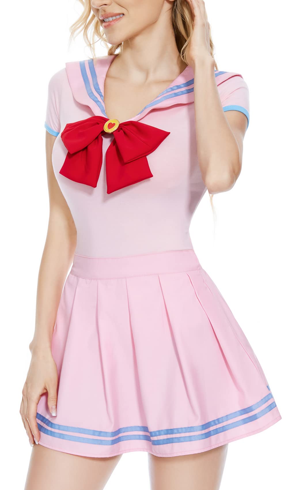 CutiePlusU School Girl Outfit Women Costume Tie Top Shirt with Pleated Skirt Cosplay Pink L โ image 1