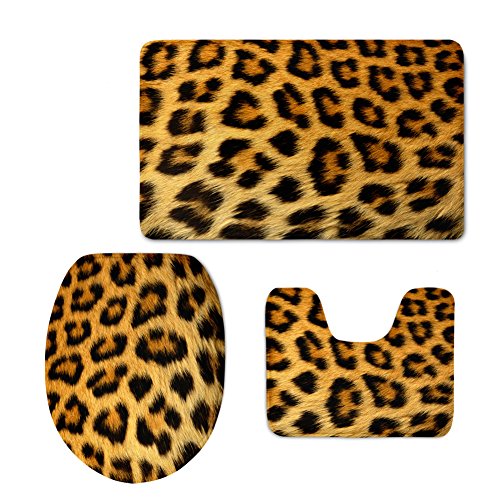 HUGS IDEA Rutschfester, saugfähiger Badteppich-Set, sexy Leopardenmuster, WC-Deckelbezug