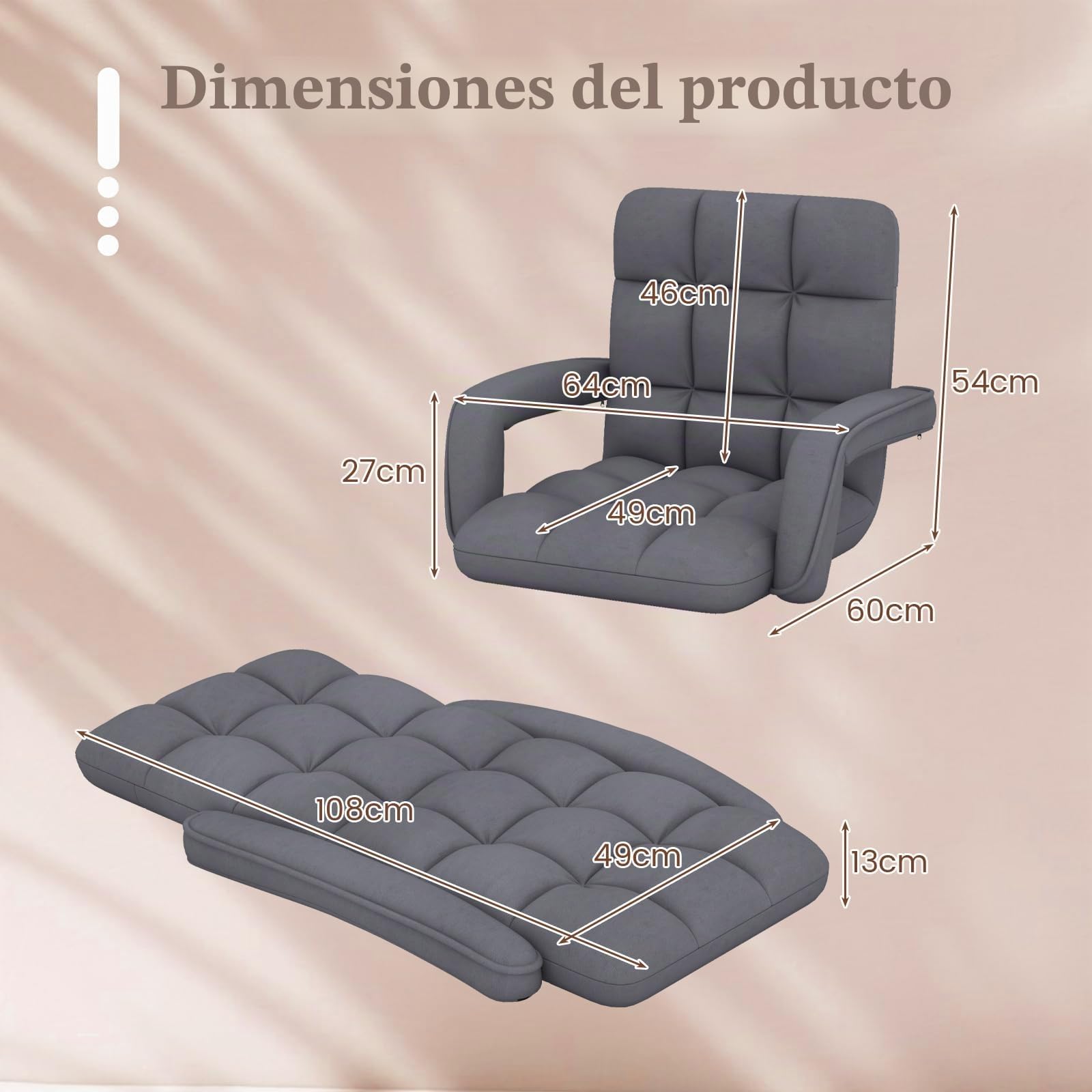 RELAX4LIFE Sillón Plegable de Suelo Ajustable en 6 Posiciones, Sofá Suelo de Tela de Gamuza, Sillón Perezoso con Respaldo, Reposabrazos y Marco Metal para Sala de Estar, Dormitorio, Balcón (Gris)