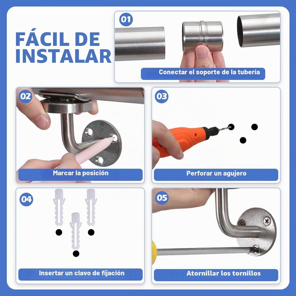 Pasamanos de Acero Inoxidable Magtctyae 200 cm Barandilla para Escalera Exterior Interior Escaleras con Soporte de Pared y Tapas Finales, Plata