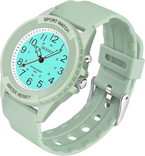 SOCICO Reloj analógico para niños y niñas, reloj impermeable de enseñanza de hora con luz nocturna, fácil de leer y tiempo de aprendizaje para niños
