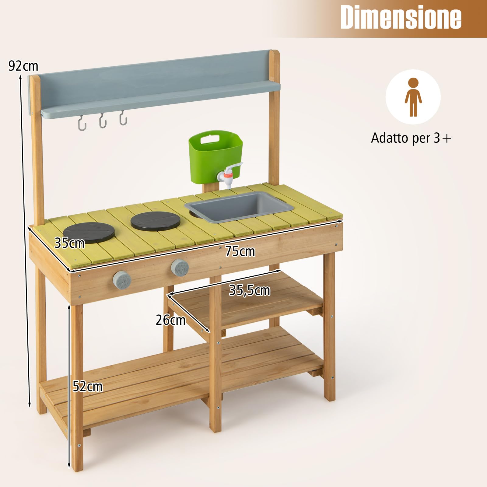 COSTWAY Cucina Giocattolo per Giardino in Legno di Abete, Cucina per Bambini con Serbatoio dell'Acqua e Lavello Rimovibili, 3 Ripiani Aperti, Funzione Suoni, per Bambini 3+ Anni (Naturale)
