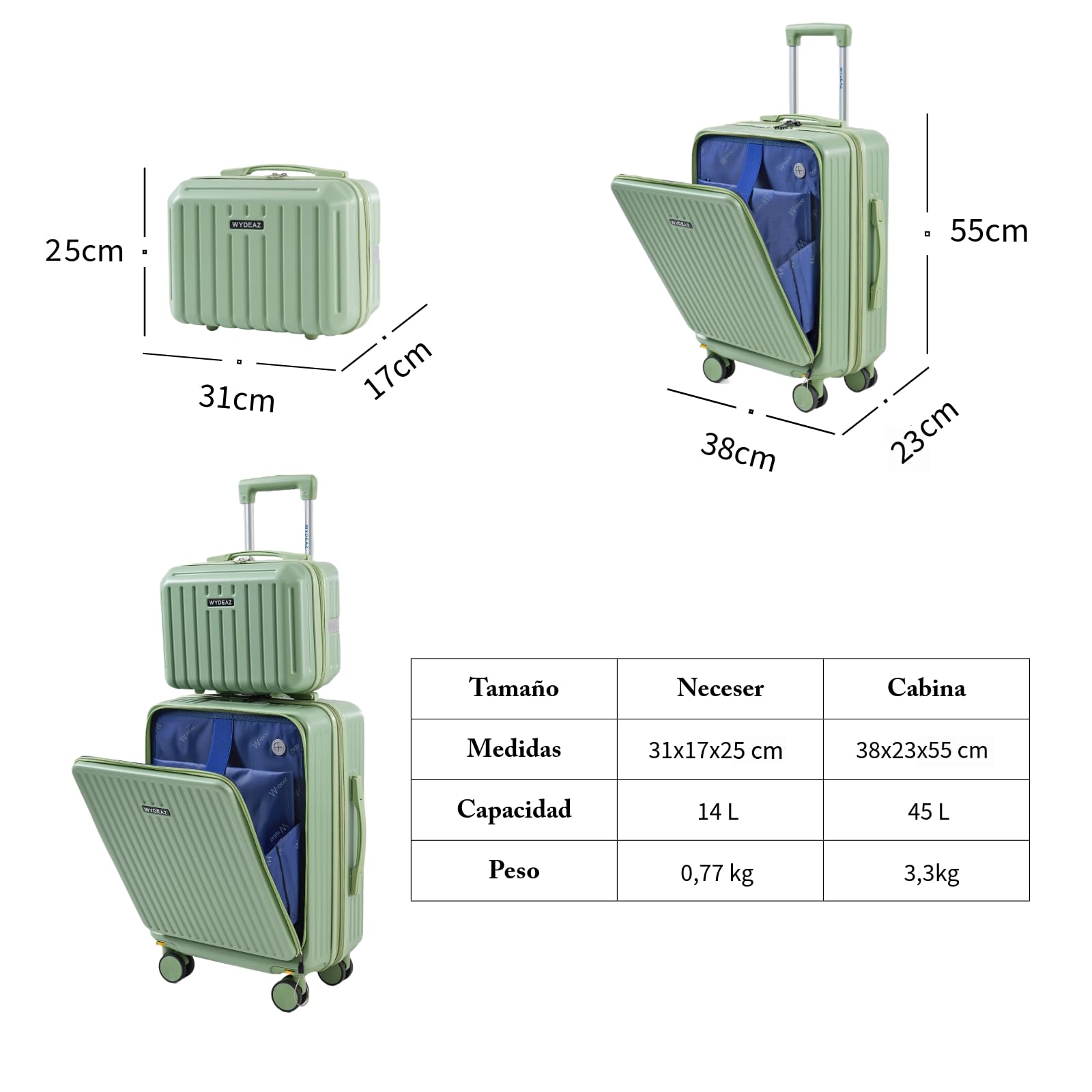 Maleta de Cabina 55x38x23 cm + Neceser, Set Rígido ABS+PC Ligero con 4 Ruedas 360°, Apertura Frontal, Puerto USB, Cierre de Combinación, Equipaje de Mano (Matcha, Set de 2)