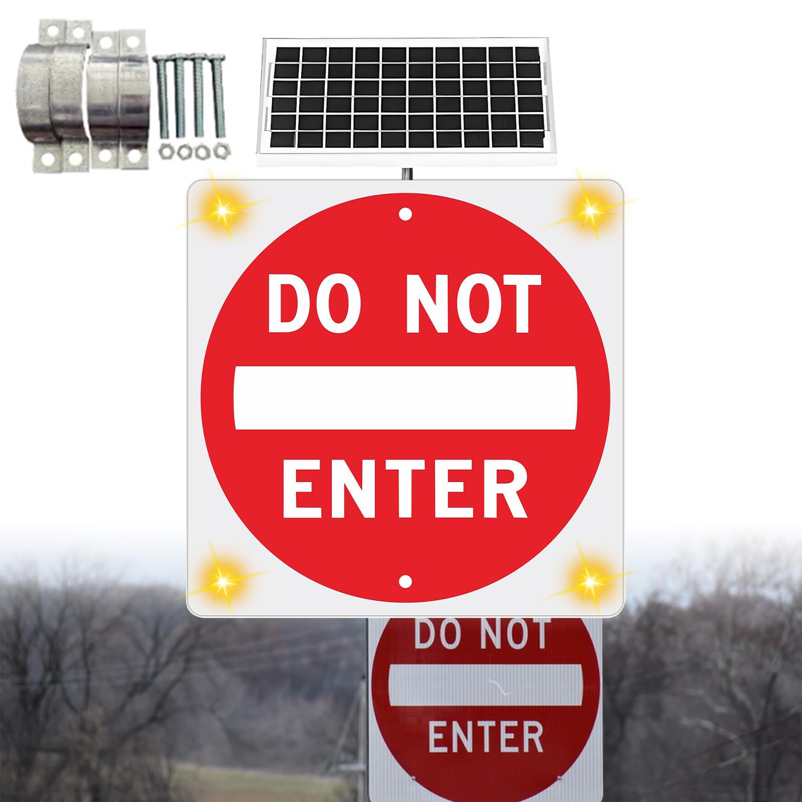Smart Sign – Cartel “Do Not Enter” con LED Intermitente Alimentado por Energía Solar, Señal Luminosa De Tráfico, Marco De Metal Resistente Y Antióxido, Ip65