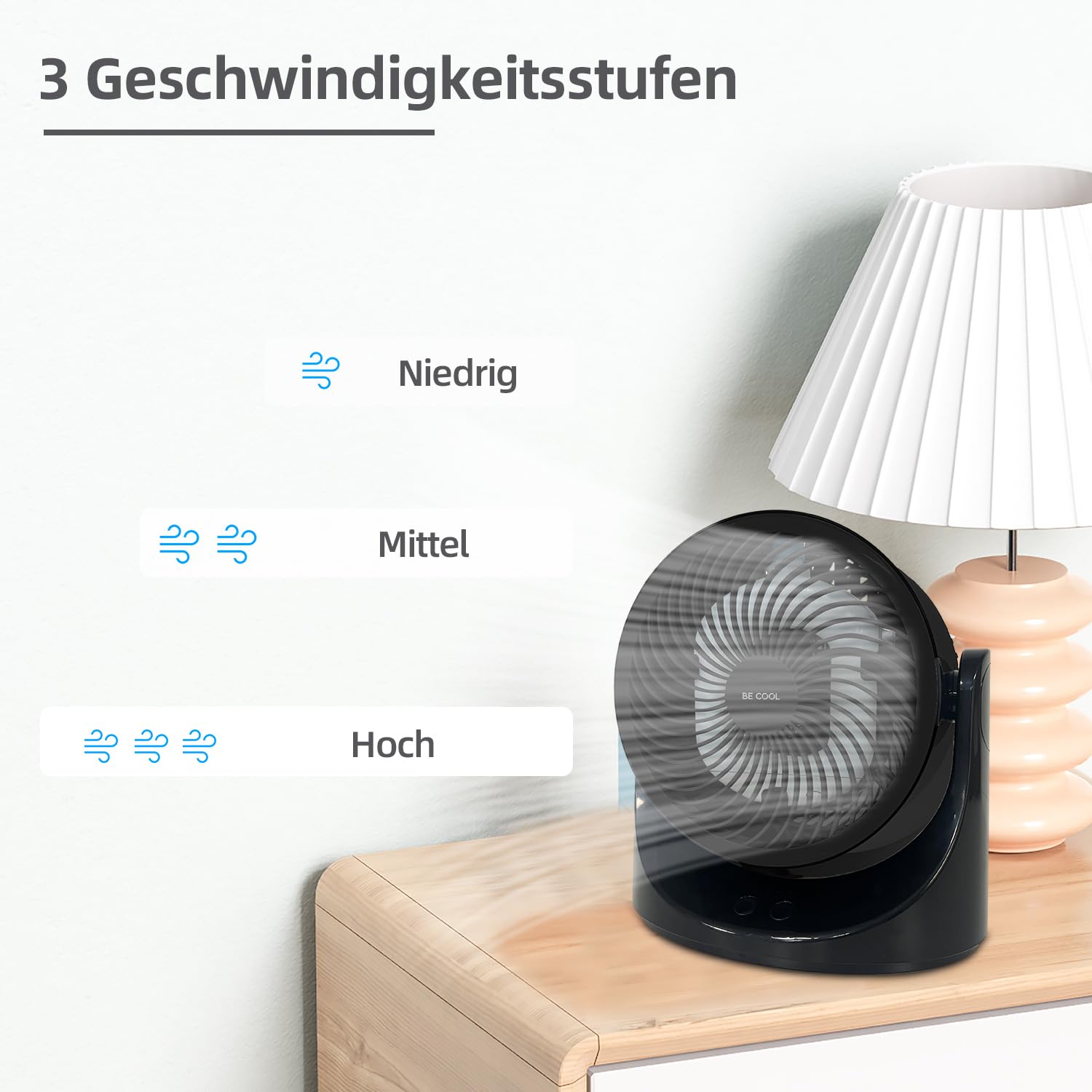 Be Cool USB-Windmaschine 15cm mit Kühlakku – Ø 6" / 15 cm, Kupfermotor, 10 Watt, Kühlakku im Lieferumfang, 7-farbige LED-Beleuchtung, USB Typ-C, schwarz