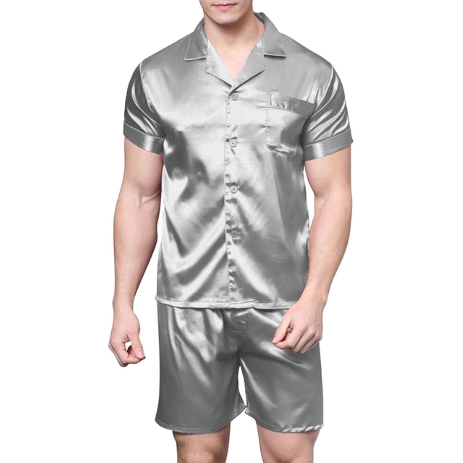 Satin -Seiden -Pyjamas Shorts für Männer Rayon Seiden Nachtwäsche Sommer männlicher Pyjama Set Weiches Nachthemd für Männer Pyjamas-Gray,XXL