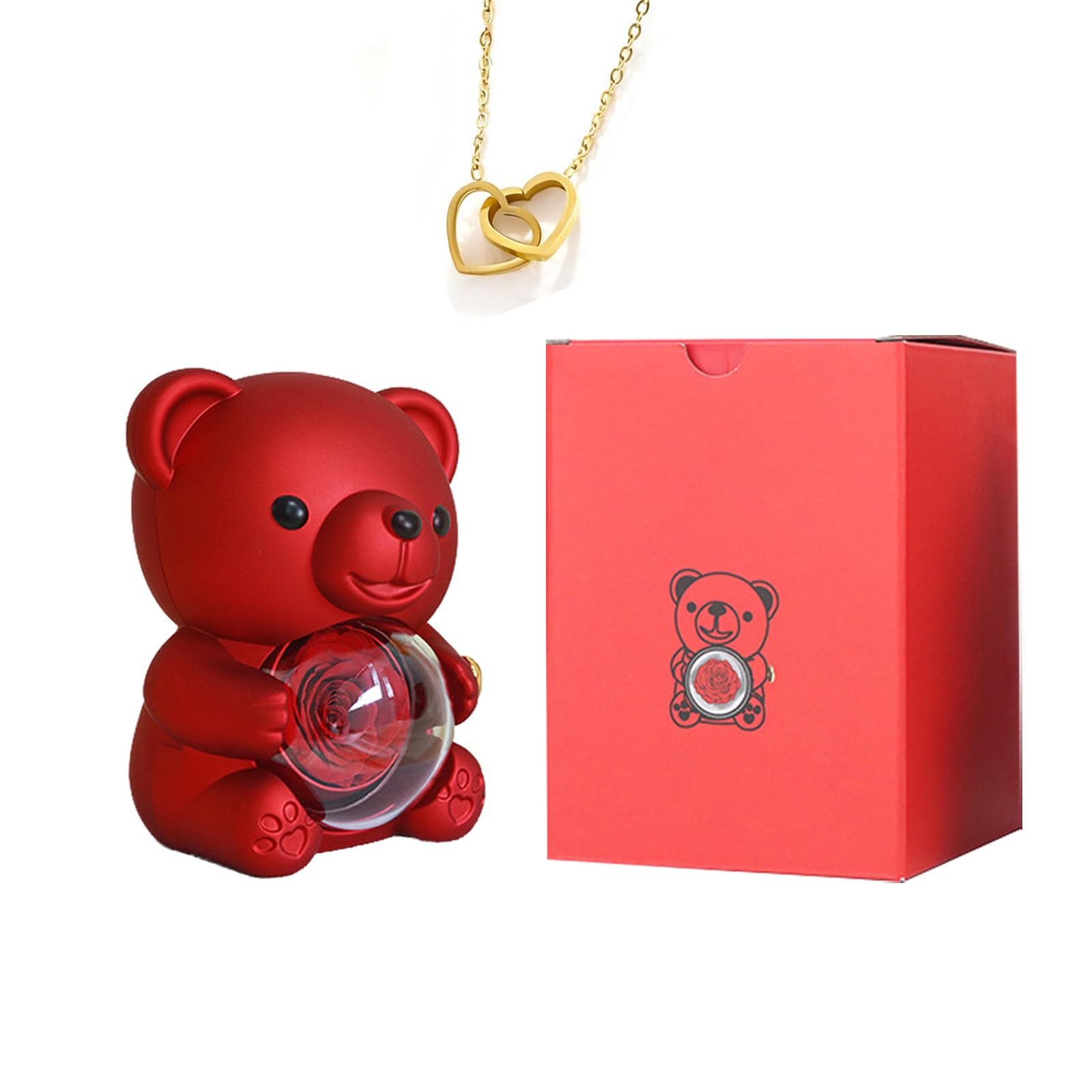 Orsetto con rosa eterna e cofanetto portagioie – regalo romantico con collana da donna – idea regalo per San Valentino, festa della mamma, compleanno e matrimonio