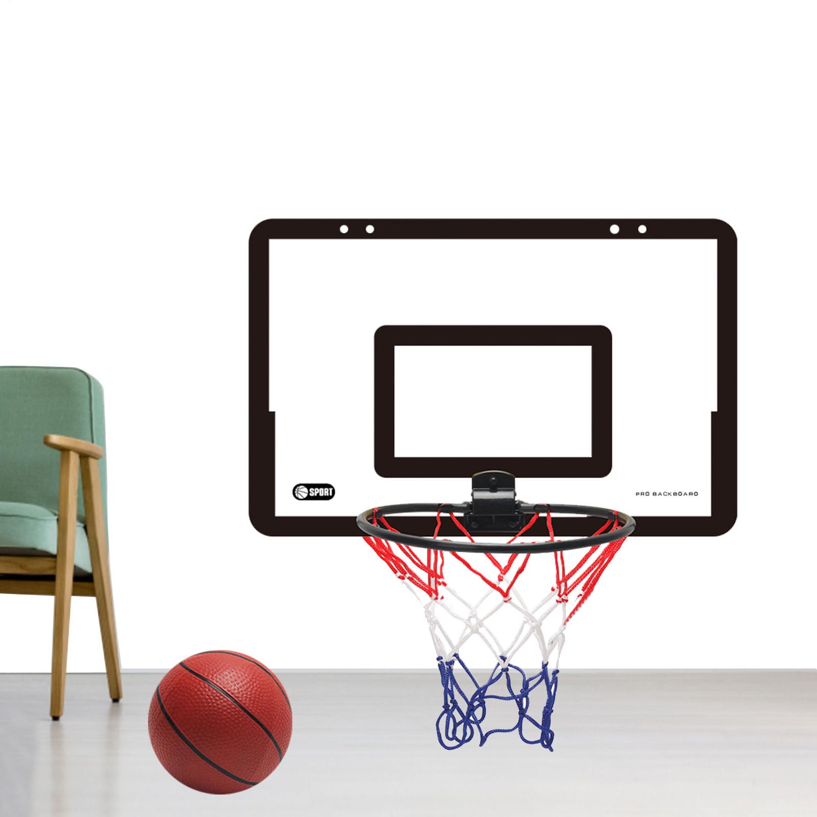 Mini canasta de baloncesto sobre la puerta, 40 x 26 x 5 cm, juego de baloncesto para interiores con pelota y bomba, cesta colgante para montaje en pared, sin taladrar, canasta de baloncesto para niños