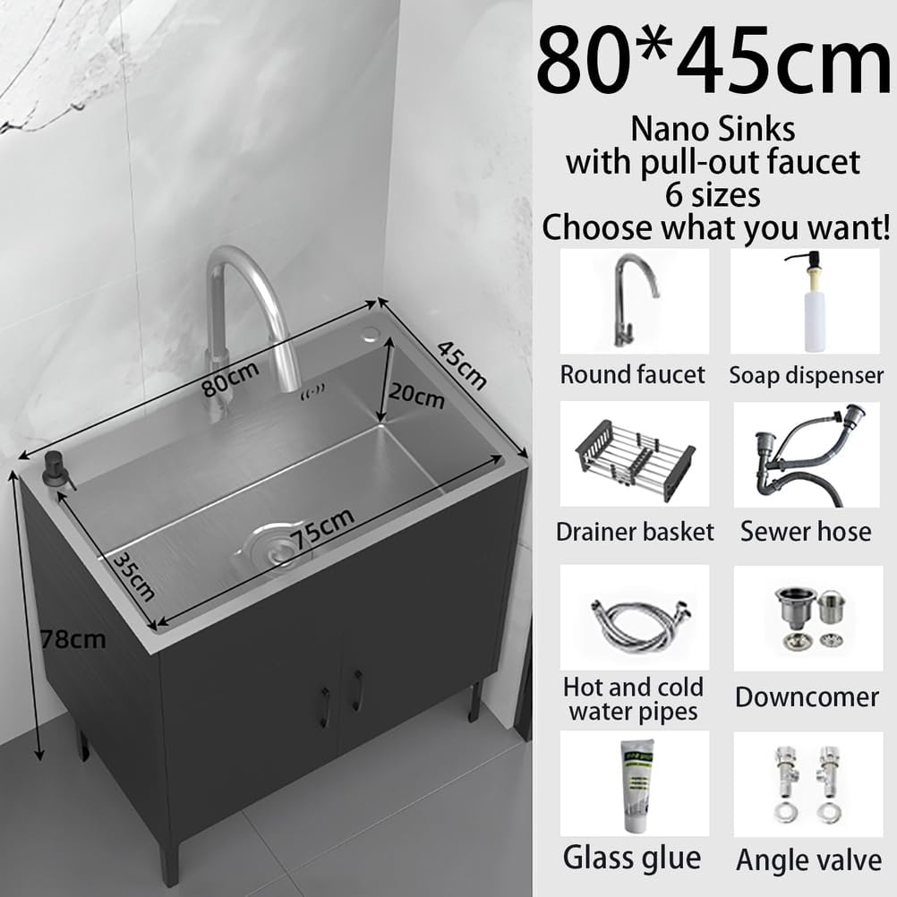 19.6-31.5In Laundry Sink with Pull-Down Faucet,Stainless Steel Utility Sink with Cabinet,Free Standing Utility Sink,Multi-Use for Laundry, Kitchen, Bathroom, Garage,Black,80 * 45 * 78cm