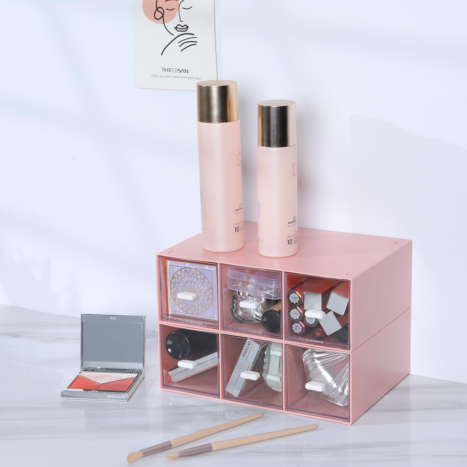 Tiroirs de bureau, organiseur de bureau avec 6 tiroirs, boîte de rangement empilable en plastique pour collection de maison, cosmétiques, fournitures de bureau (2 grandes couches, rose)