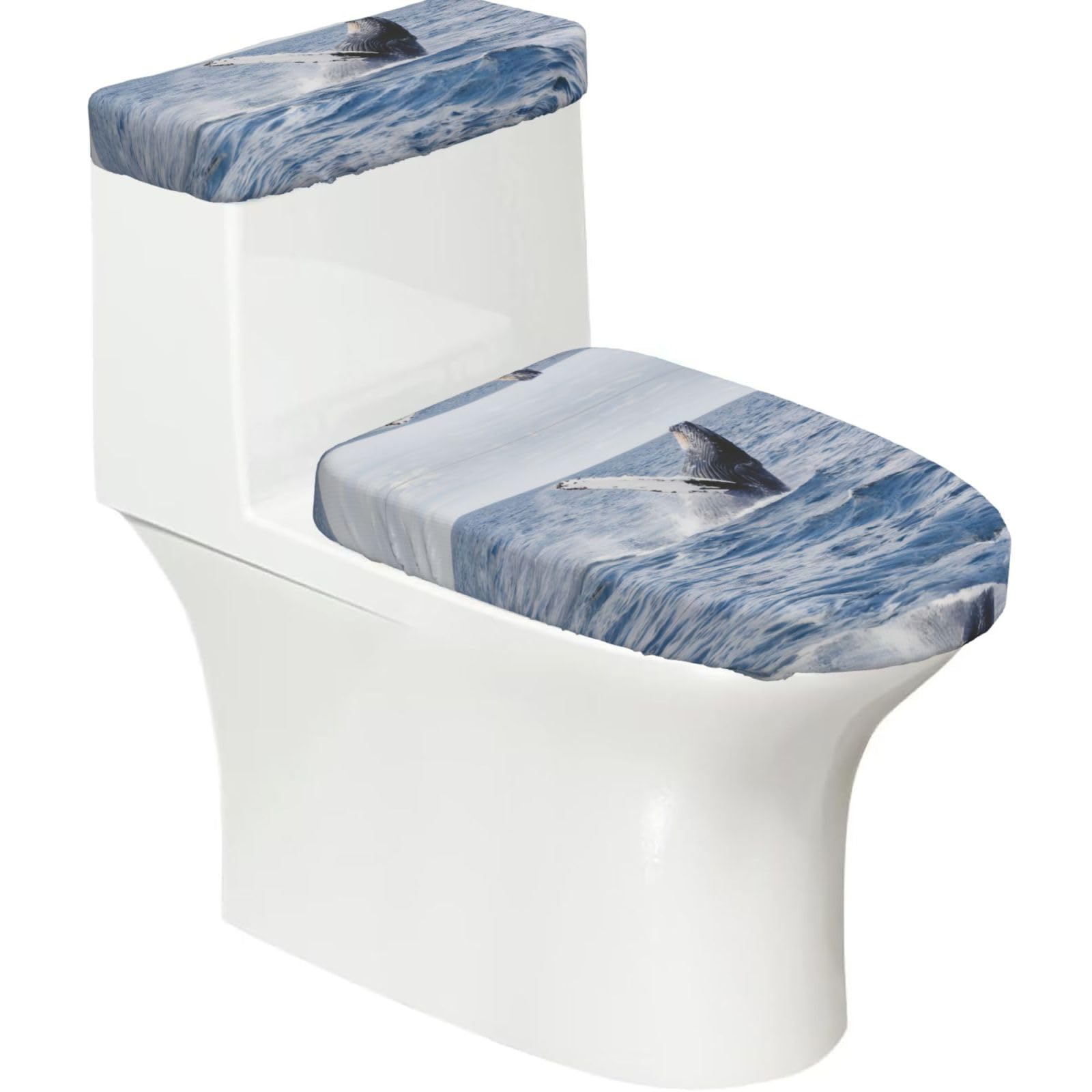 Wzycwb Black Whale Above Sea Water 2-Piece Toilet Seat Cover Set With Tank Lid, Elastic Fit For U-Shape & Elongated Toilets, Bathroom Decor, Housewarming Gift