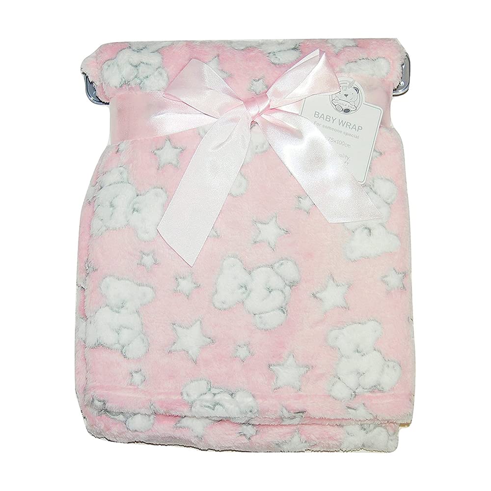 KAV Soft Fleece Wrap Blanket - Soft Unisex Pram Cot Crib Moses Basket Teddy and Stars Print Gift Set for Newborn, Babies, Girl/Boy, Infant - 75x100 CM, Pack of 1 (Pink)