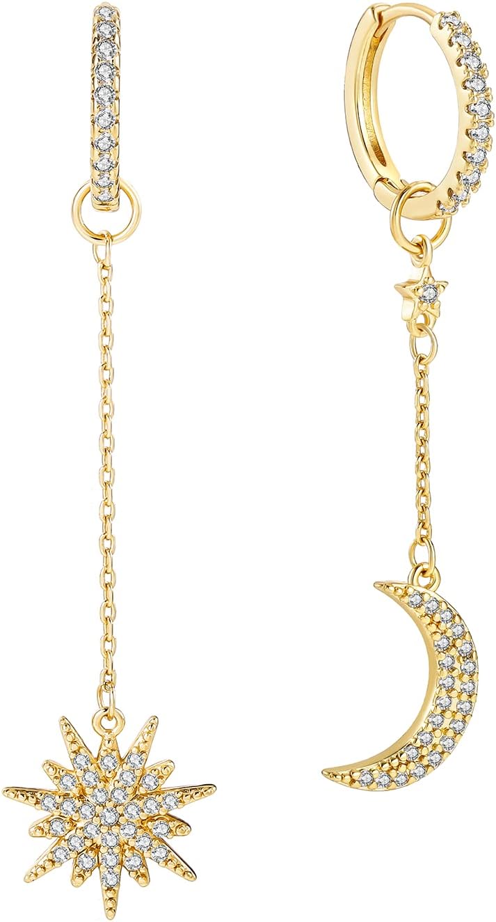 JIANGYUE Sun and Star Chain Tassel Dangle Drop Hoop Earrings for Women Girls with Asymmetric Cubic Zirconia Huggie Earring Jewelry Gifts for Mom