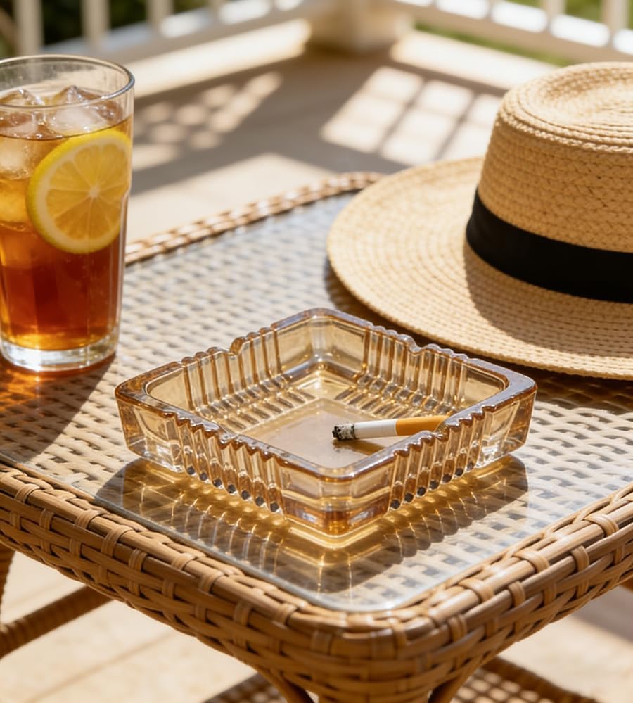 Glass Ashtray Cigarette Ash Holder Ash Tray for Patio Desktop Office Smokers Indoor or Outdoor Tabletop Home Office Décor (Amber, Medium)
