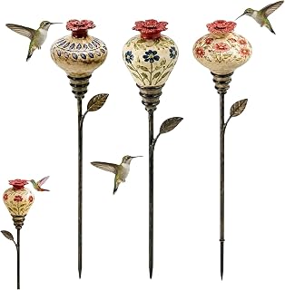 Vintage Ceramic Hummingbird Feeder Garden Stake, Metal Floral Artwork (Mix) | Vintage Resin Functional Nectar Feeder with Flower Port, Metal Leaf‑Designed Stake, for Yard Lawn Deck Garden Decor