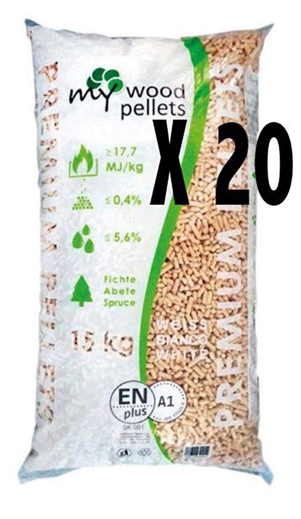 20 SACCHI PELLET ABETE 100% N.20X15KG TOTALE 300KG CERTIFICATO A1 BIANCO LATTE MY WOOD