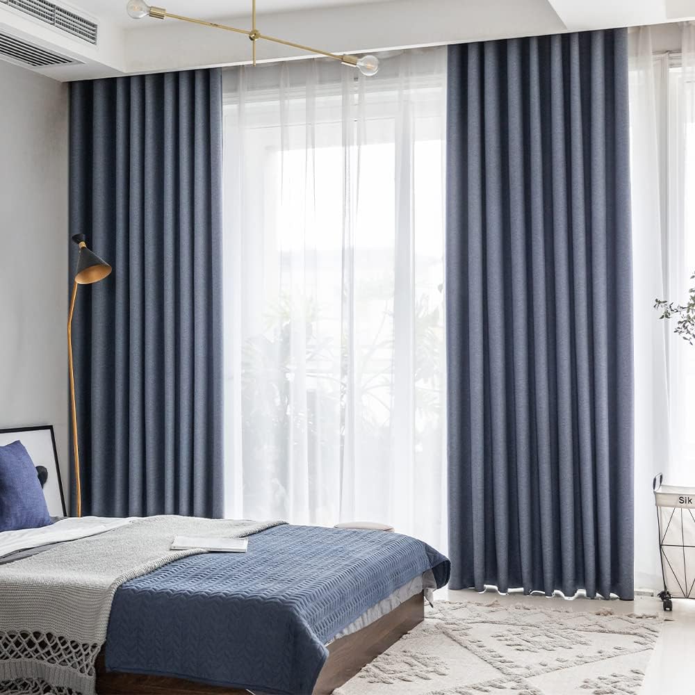NeoStyle 2 Piece 100% Blackout Curtain Panel Double Layer Super Thick Insulated Grommet Thermal Energy Saving Blackout Draperies (Navy Blue, Width 220*Length 260 cm)