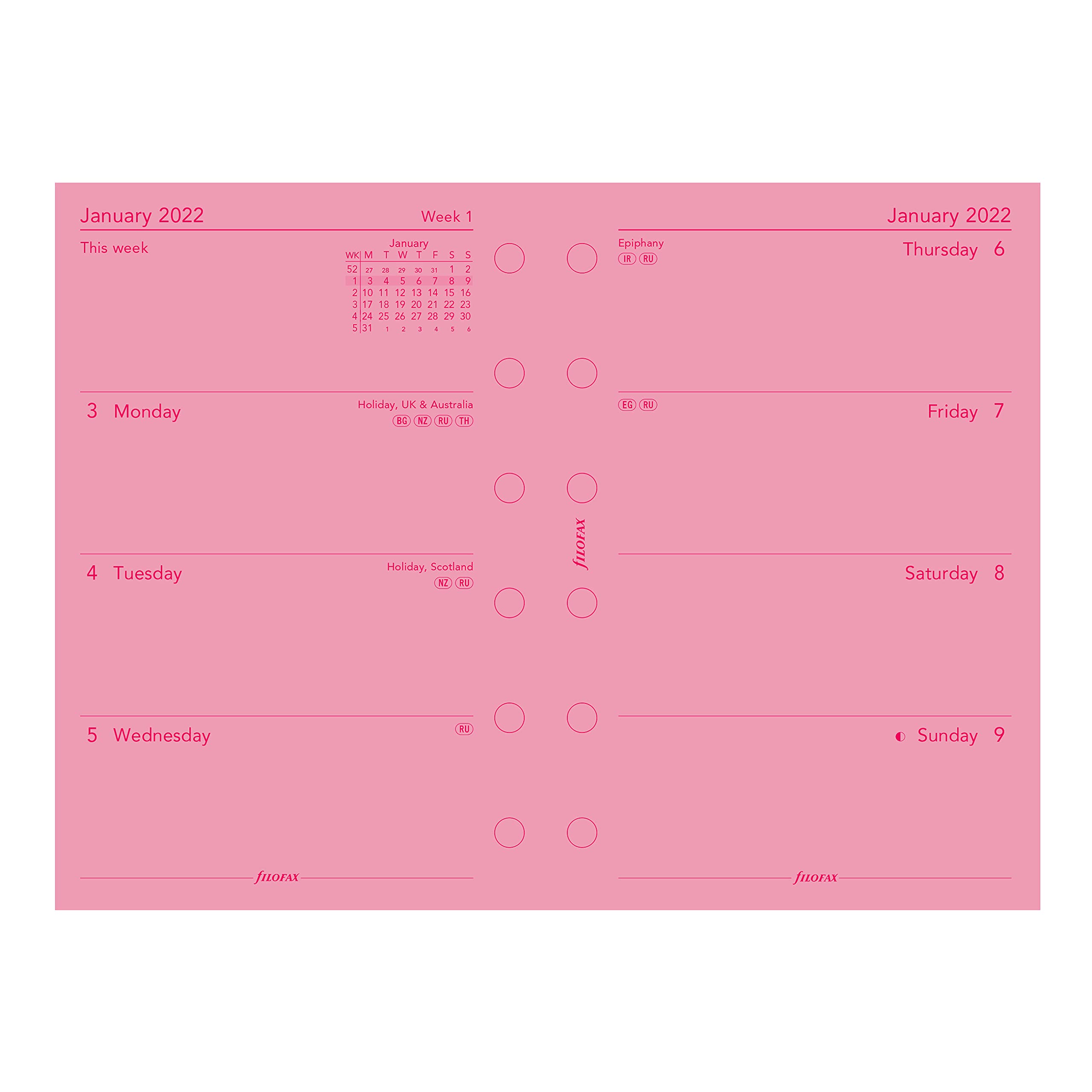Filofax - Ricarica tascabile, visualizzazione settimanale, carta rosa, senza righe, inglese, 2022 (C68278-22)